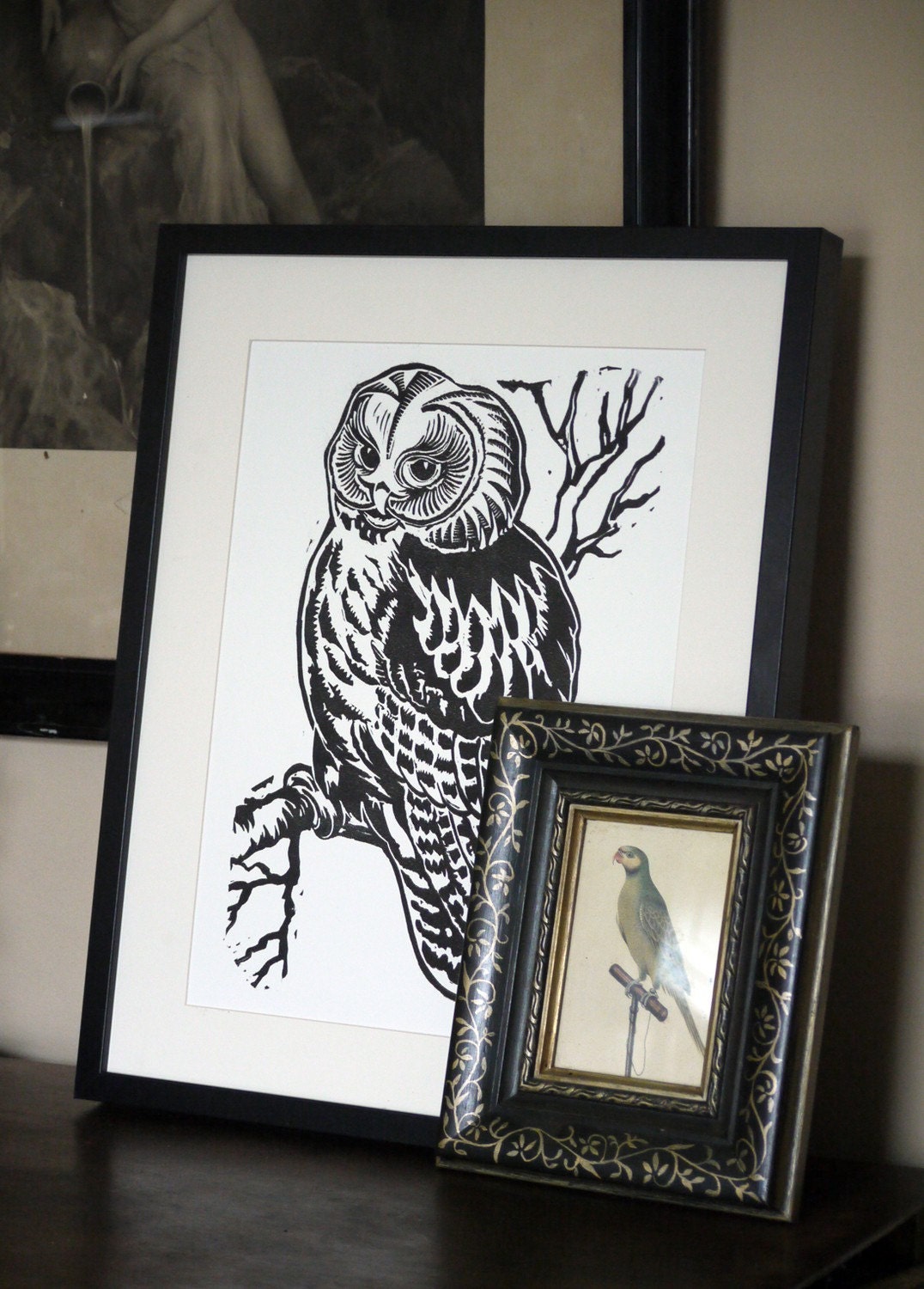 Large A3 Owl Lino Print in black