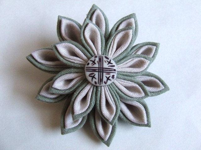 green and cream linen kanzashi flower brooch