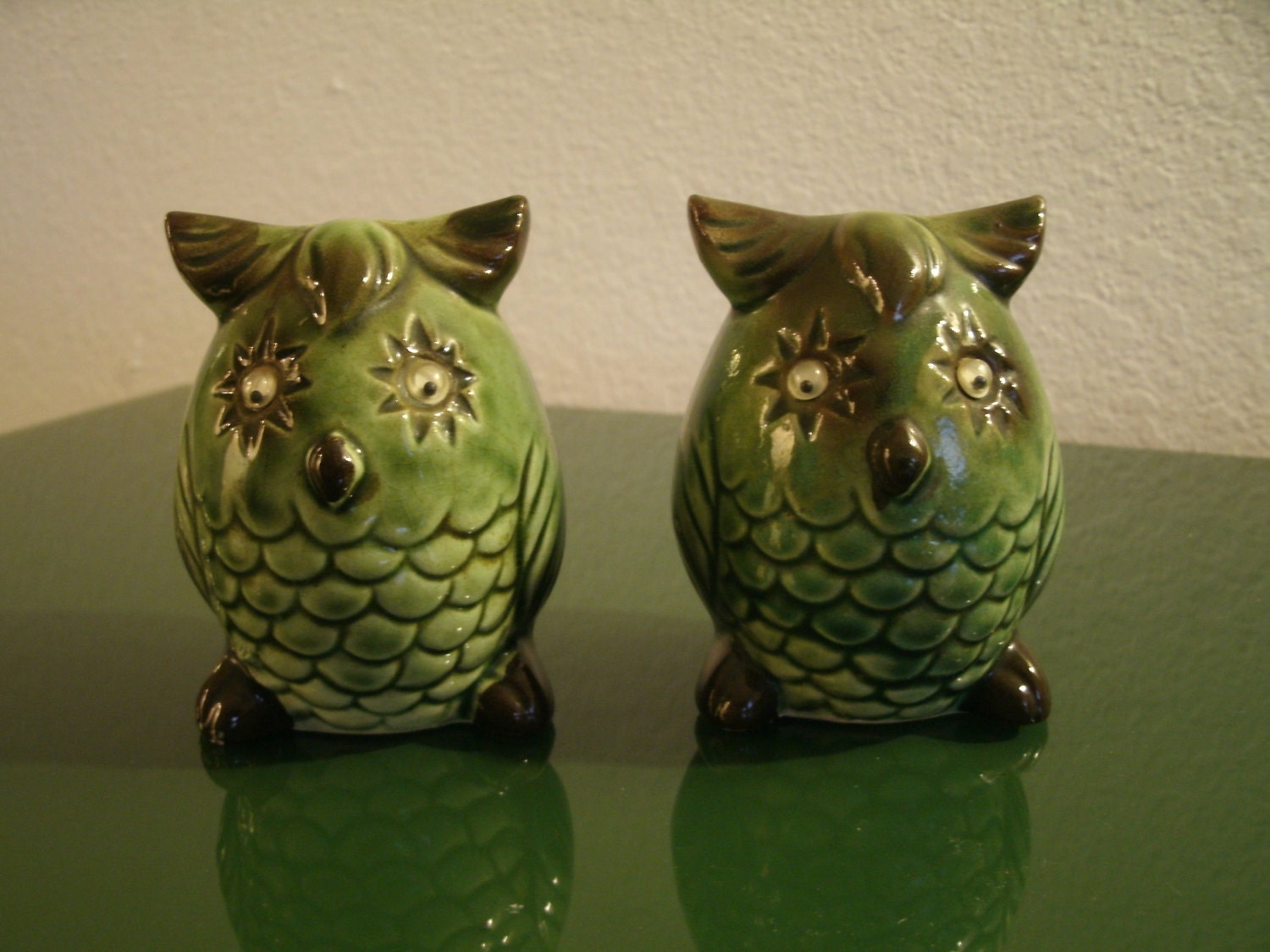 Vintage Green Owl Salt and Pepper Shakers
