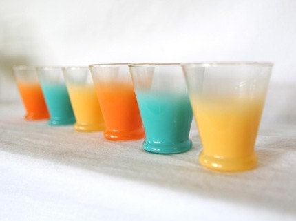 Fabulous Vintage Sherbet Colored Frosted Glass Pitcher and Glasses Set
