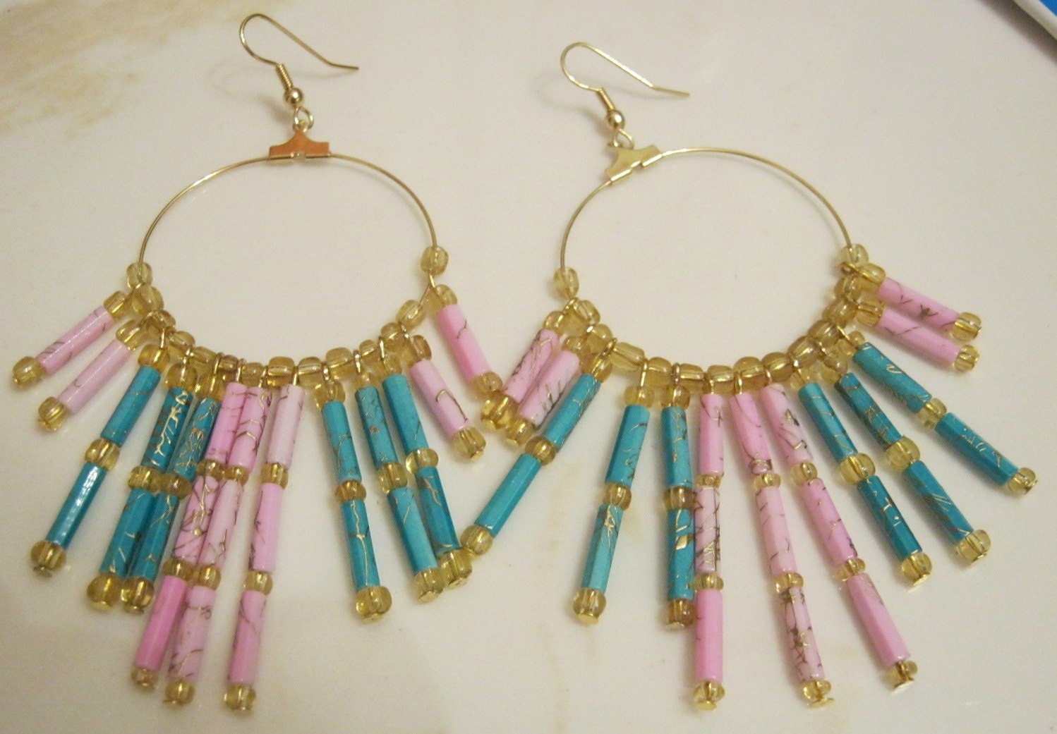 Pink & Turquoise Chinese Fan - Drop Hoop Earrings - (Available in other colors)