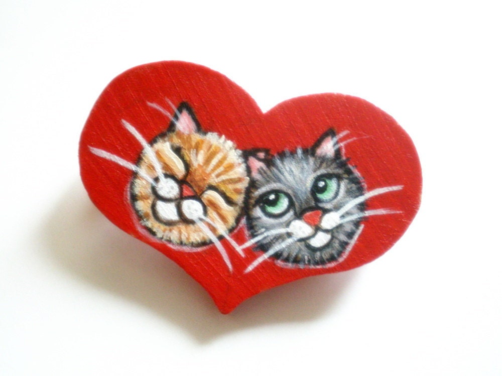 Love Cats Brooch - Red Heart Hand Painted Wood Pin, original artwork , gift for pet lovers