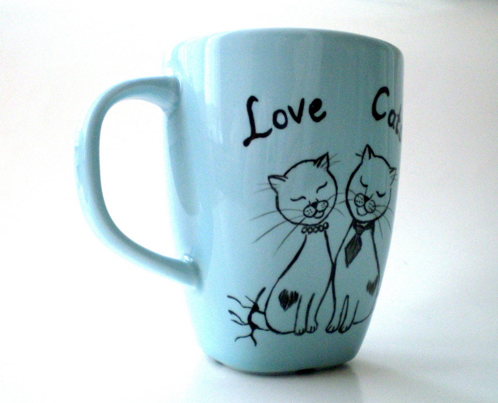 Blue Mug, Hand Paint Love Cats ,  gift for cat lovers,  pet lovers, unisex gift under 25