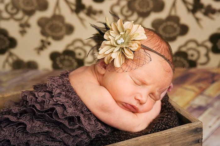 Couture Brown Flower Headband with Pearls Veiling Feathers Newborns Infants Teens Adults Photography Prop