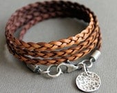 Leather Wrap Bracelet Brown Thin Flat Braid Sterling Silver Charm