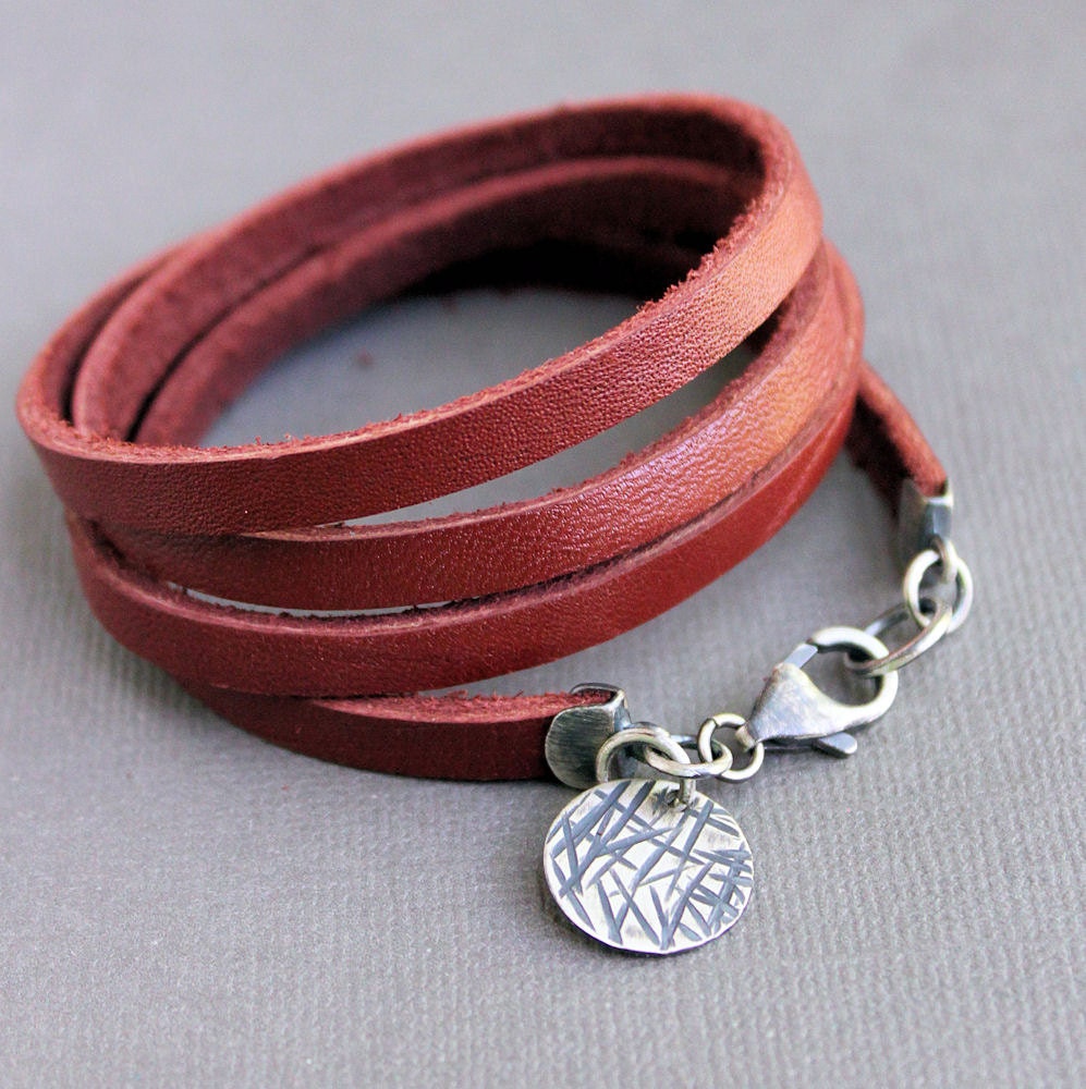 Leather Wrap Bracelet Brick Red Sterling Silver Charm