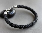 Mens Black Leather Bracelet Thick Braided Sterling Silver Custom Sized