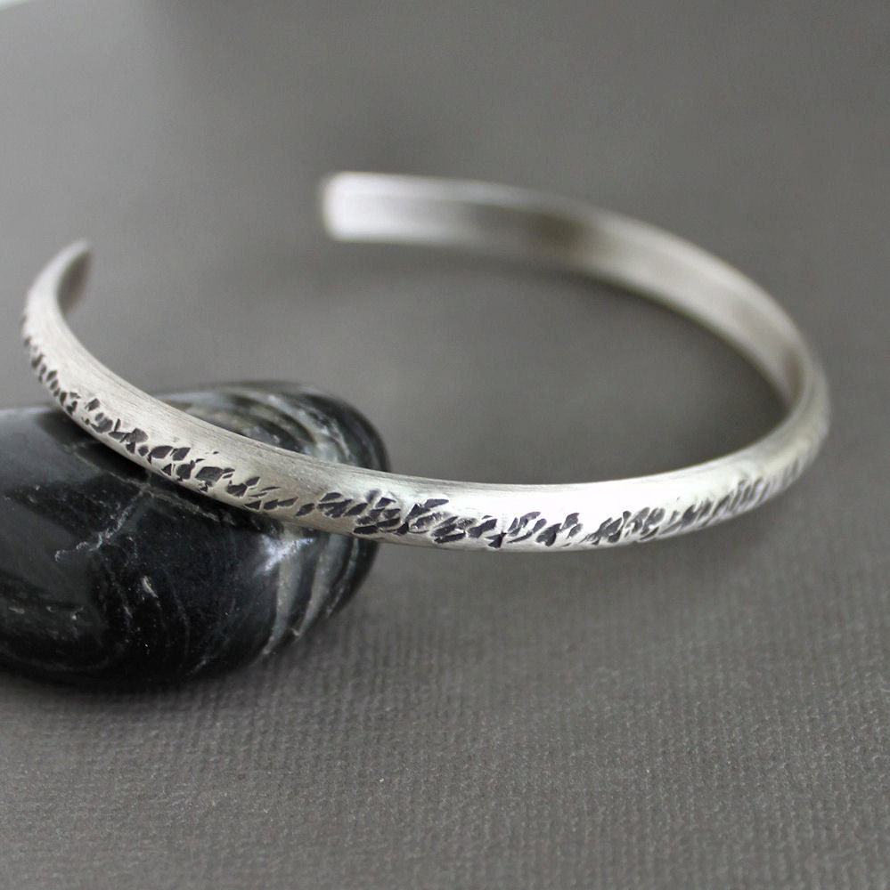 Mens Thin Sterling Silver Cuff Bracelet Rustic Texture