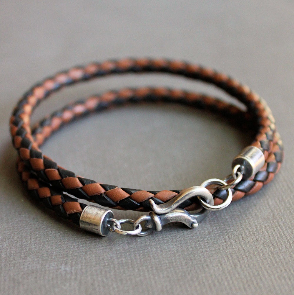 Mens Leather Silver Wrap Bracelet Black & Tan Braided Cord