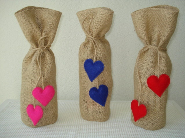 Wine Gift Bags with Ties Handmade Burlap Wine Bags Heart Ties Pink Red Blue