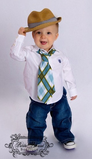 Little Guy Necktie Tie - Plaid - Teal Turquoise Navy White Lime Green - (2T- 4T) - Baby Boy Toddler - Custom Order