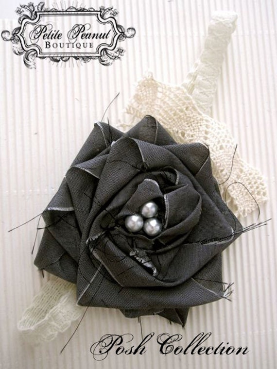 POSH Couture Silk and Lace Fabric Flower Rosette headband - Gray Beige Cream Ivory - (Custom Order) - Photography Prop - Wedding
