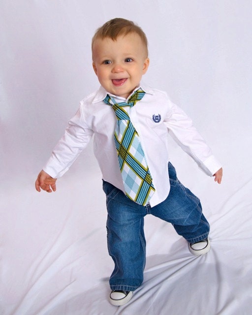 Little Guy Necktie Tie - Plaid - Teal Turquoise Navy White Lime Green - (12m - 2T) - Baby Boy Toddler - Custom Order