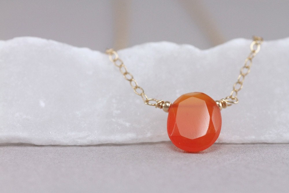 drop necklace with faceted carnelian oval briolette . marigold