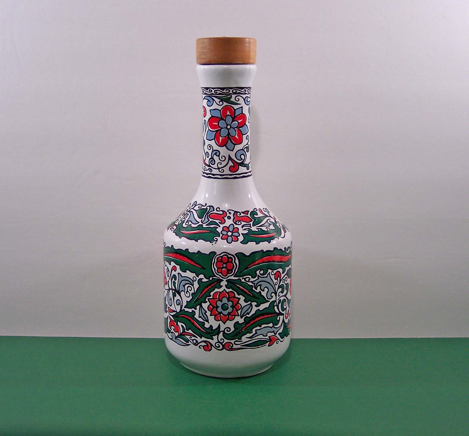 Metaxa Hand Painted Bottle with Stopper. Bud Vase Decoration, Water Bottle, Candle Holder. From Greece. Vintage 3590