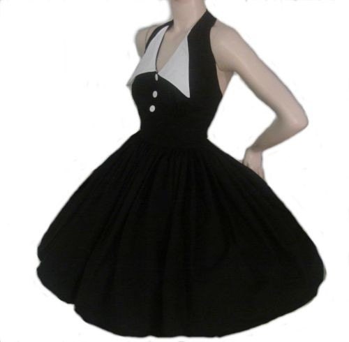 Pin up Dress Black Halter Swing Dress with White Wide Pointed Collar Pinup Rockabilly Retro Custom Size