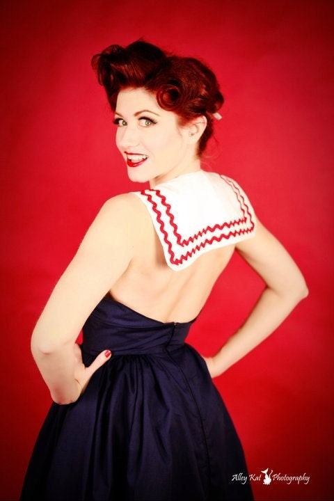 Pin Up Sailor Halter Dress Swing Pinup Rockabilly Retro  Navy Blue Red and White Womens Small
