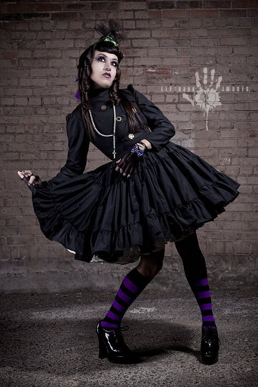Steampunk  Lolita Gothic Black Military Dress with Full Ruffled Skirt & Gears Custom Size
