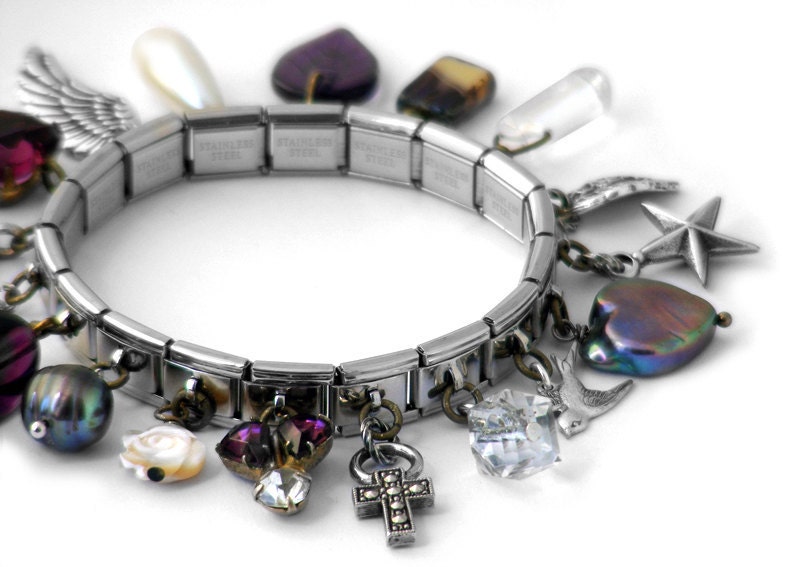 Charm Bracelet, Amethyst & Pearl Vintage Collection - Expansion Bracelet with 18 Drops