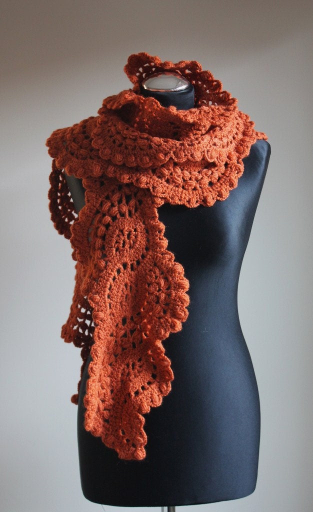 Crocheted long lace scarf in pumpkins color