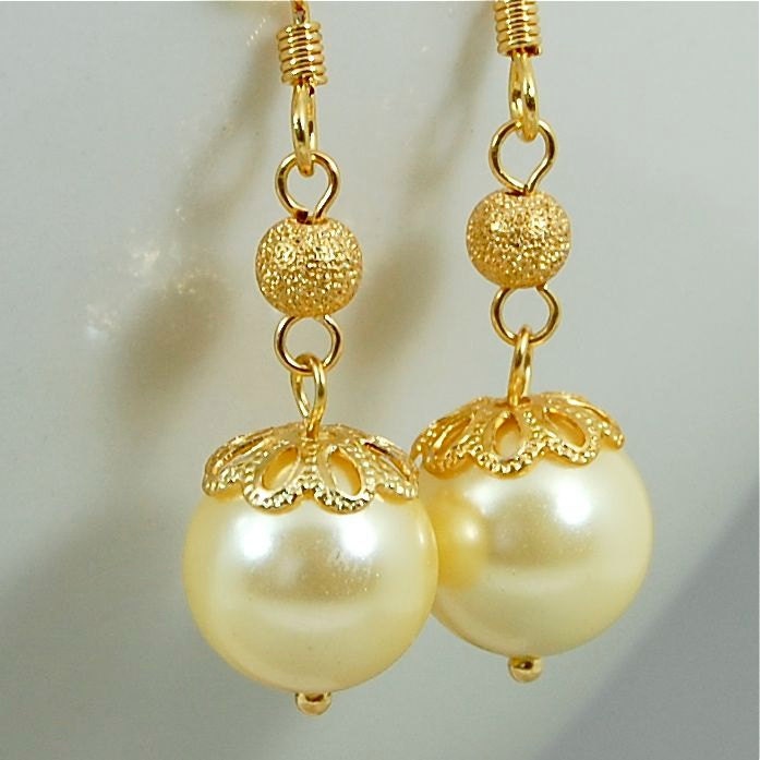 Wedding Earrings, Pearl Bridal Earrings, Yellow Pearl Drop Earrings with Gold Stardust, Wedding Jewellery, Aika Collection