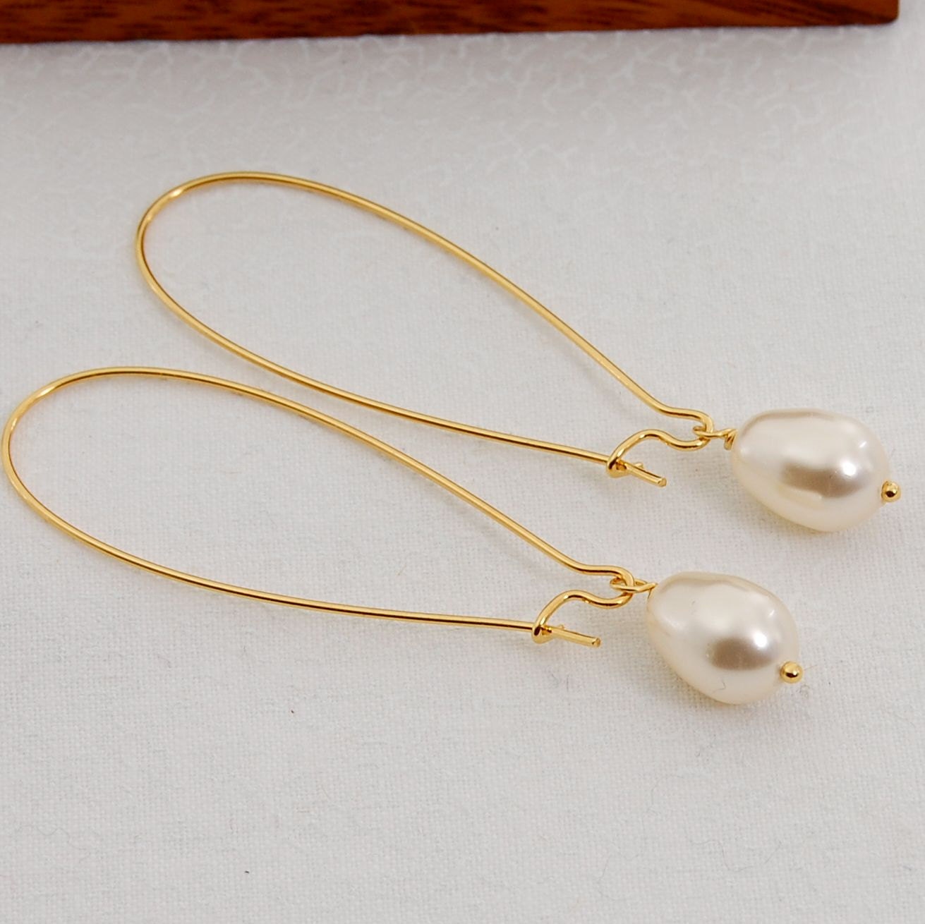 Long Bridal Earrings, Swarovski Pearl Drops on Large Kidney Loop Earrings, Pearl Wedding Earrings, Rossa Collection