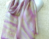Hand Painted Silk Scarf Pastel Vanilla Lilac Forest Fruit Silver