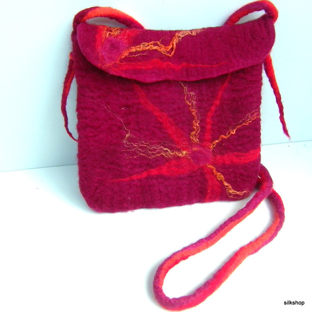 Felt Bag Bordeaux Red Orange Small Size Purse Long Handles Organic Merino Wool