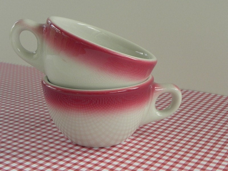 Two 1959 Caribe China Cups. Restaurant and Diner China. Airbrushed Burgundy Trim.