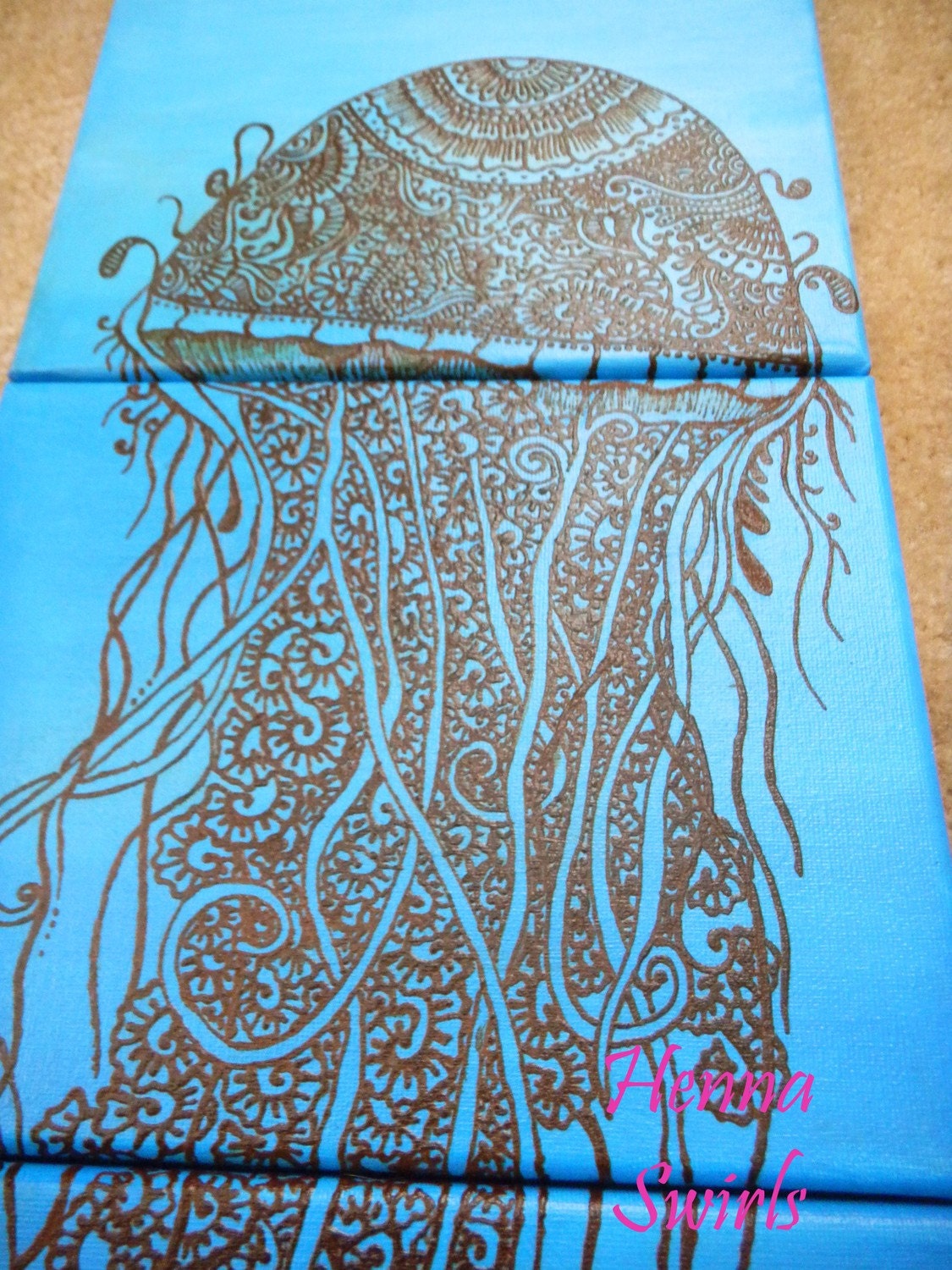Jellyfish Painting with Henna Design, Mixed Media Piece, Jellyfish Swirls, Unique, OOAK, Global Art, Gallery wrapped and ready to Hang