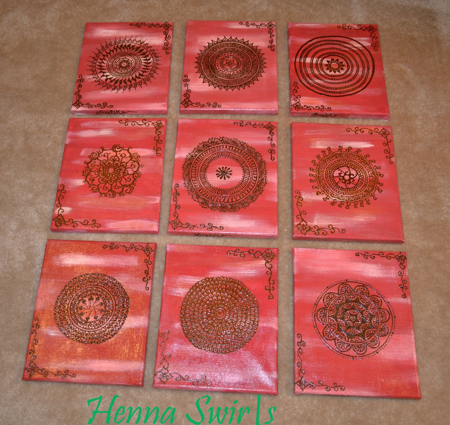 Mandala Acrylic Painting Henna Art, 9 canvas painting, mandala,  OOAK- Original -Unique Handmade Art- Free Shipping Worldwide
