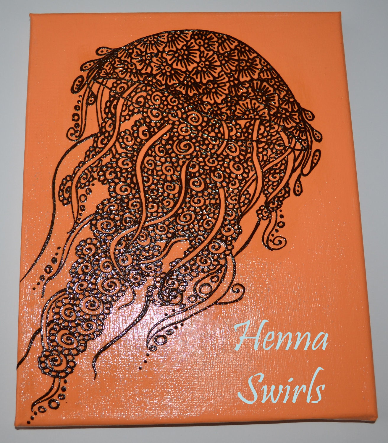 Jellyfish Painting Henna Art, Mixed Media Painting Henna on Acrylic, Global Art, Unique, OOAK, Global Art