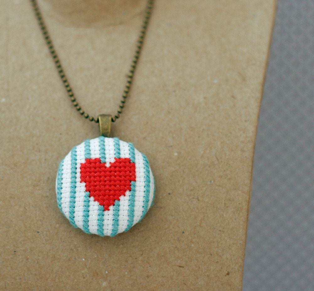 Heart and Stripes Cross Stitch Pendant Necklace