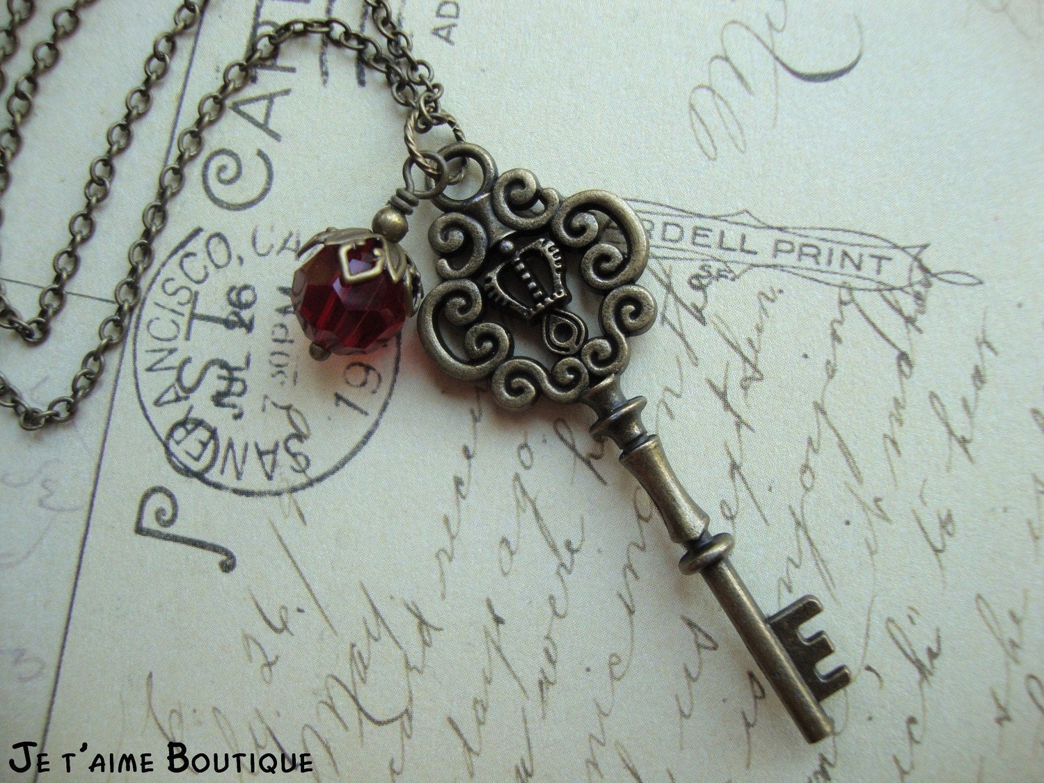 LOVE SUCKS - Gothic Vampire Inspired Necklace Antiqued Bronze Victorian Skeleton Key Bite Fangs Blood Red Czech Glass Swarovski Crystal