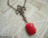 LA MAISON ROUGE - Vintage Estate Style Necklace in antiqued brass with opaque red glass jewel and swarovski crystal