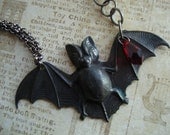 SUCKER - Asymmetrical Gothic Vampire Bat Necklace In Blackened Brass With Blood Red Swarovski Crystal Teardrop Neo Victorian Medieval