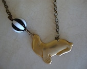 UNDER the BIG TOP - Ringmaster's Circus Seal Pendant Necklace Antiqued Brass Balancing Vintage Striped Bead Black White Ringling Brothers