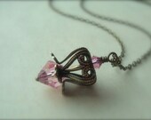 BLEEDING HEART - Romantic Vintage Inspired Victory Garden Necklace With Antiqued Brass Filigree and Pink Swarovski Crystal