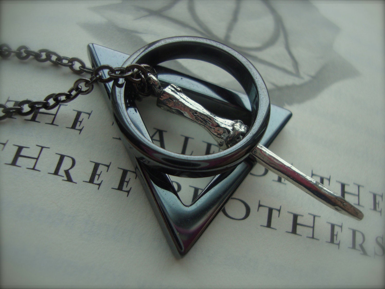 THE DEATHLY HALLOWS - Unisex Wizarding Inspired Necklace Hematite Gunmetal Three Peverell Brothers Guy Man