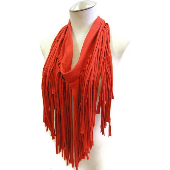 Reclaimed Fringe Infinity Scarf in Cherry Red