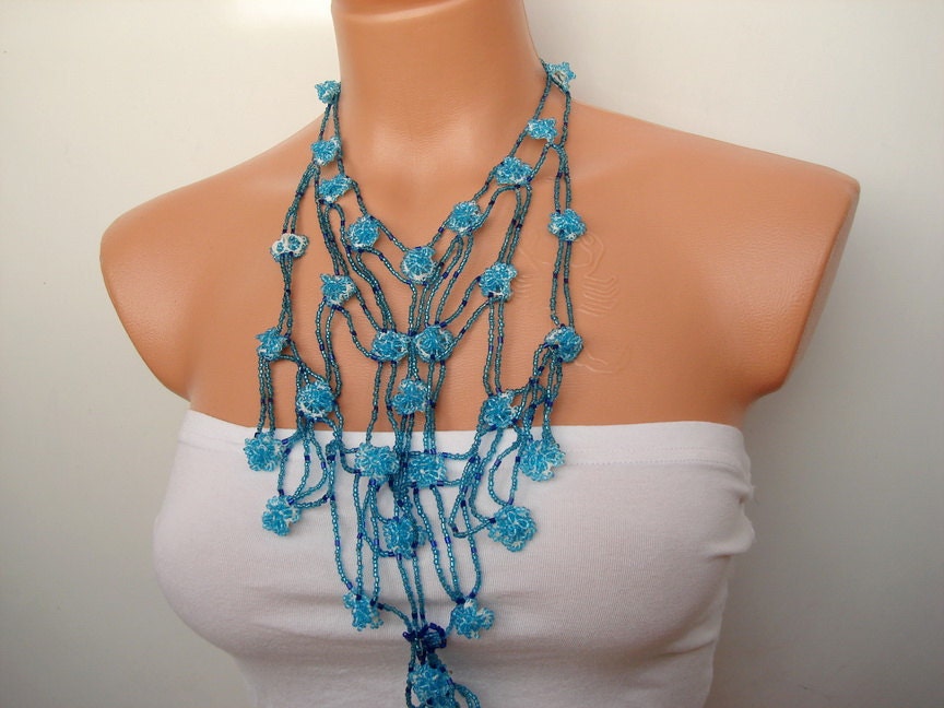 Crochet beaded flowers beadwork Nautical net Unique Stetement Bib Necklace