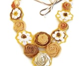 Crochet daisy floral necklace with rolled fabric roses sunset Autumn colors