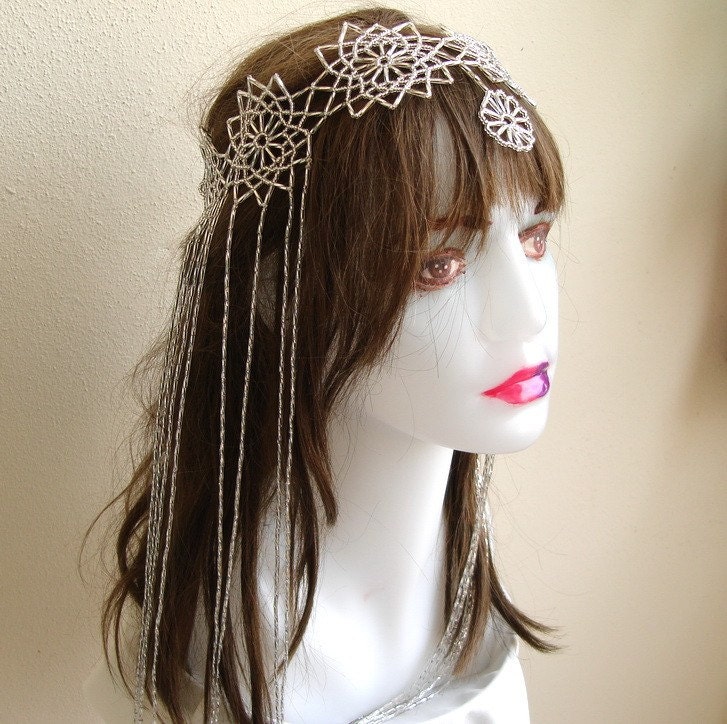 Fringed Silver Bridal Wedding Headpiece Needle art Beadwork Wedding Veil