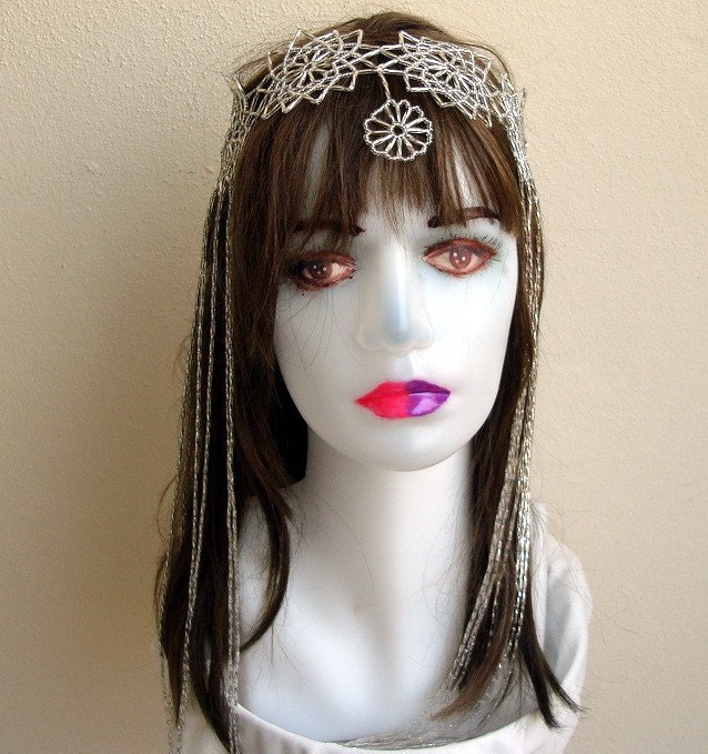 Fringed Silver Bridal Wedding Headpiece Needle art Beadwork Wedding Veil
