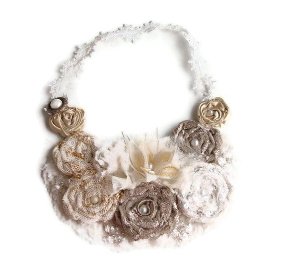 Cream and ecru floral statement bib necklace wedding flower