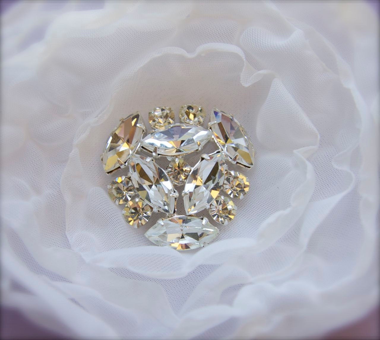 White Bridal Flower with Deco Style Crystal Rhinestones and feathers, ivory, organza flower