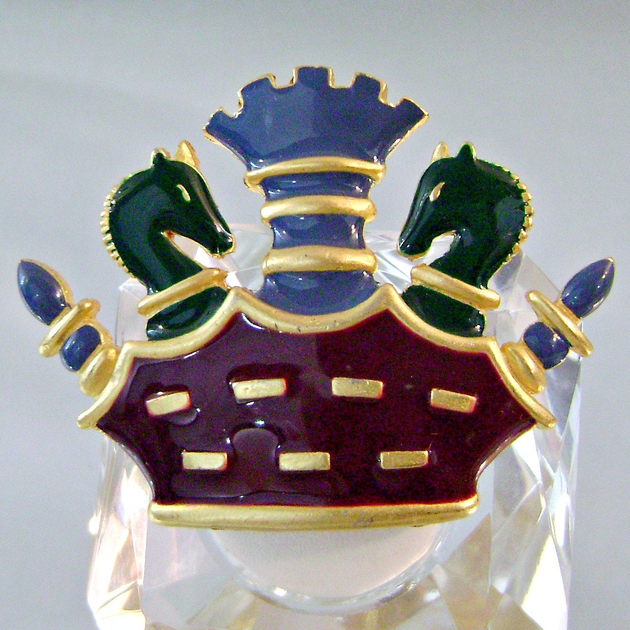 Vintage Crown Brooch. M Jent. Mardi Gras Colors