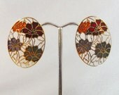 Vintage Cloisonne Earrings Flowers White Gold Burgundy Green Periwinkle Blue