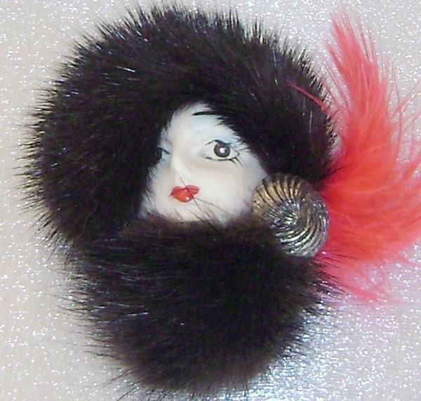 Vintage Mink Lady Brooch.  Porcelain. Feather. Black. Red.