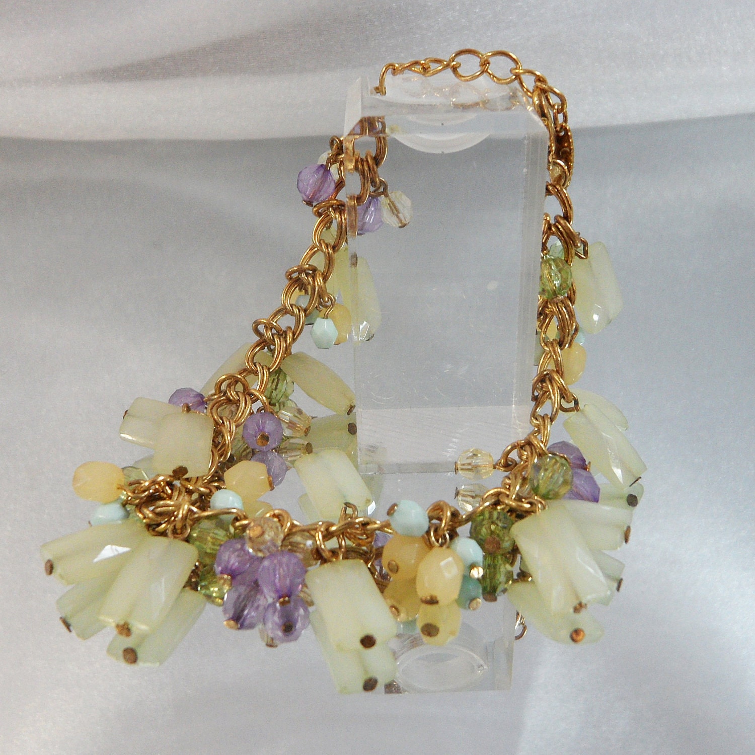 Vintage Charm Bracelet.  Frosted Beads.  Green. Mint. Purple.